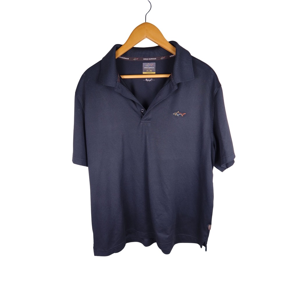 Greg Norman Mens Shark Performance Golf Polo Shirt Navy Blue Size L Excellent